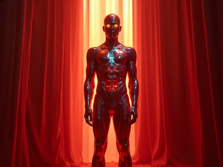 A robot figure stands confidently. It features glowing eyes and a stunning silver exterior. Curtain backdrop in crimson color enhances the scene. Elements of chiaroscuro add depth. The aesthetic combines cinematic stillness with a futuristic vibe.
