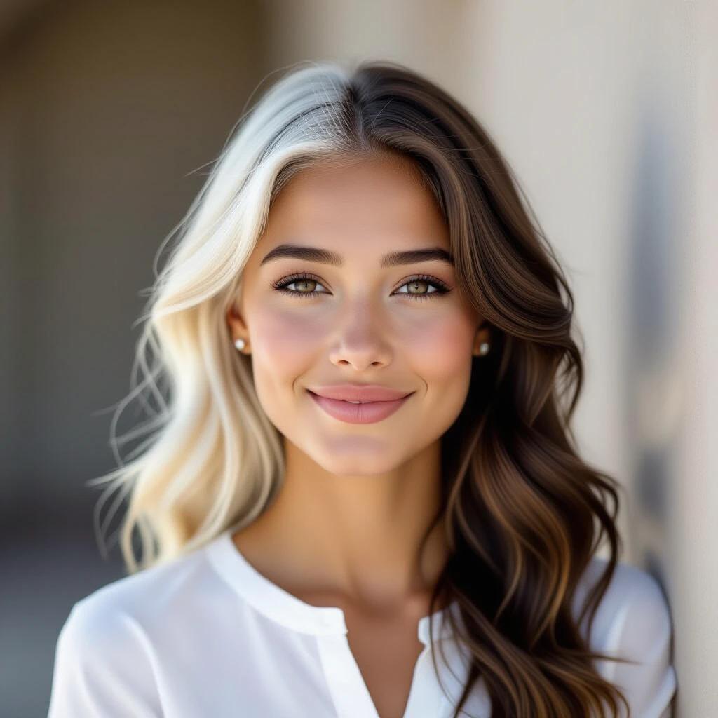 A woman appears with two distinct hair colors. Half the hair is black and the other half is blonde. The woman showcases a confident expression and is dressed in a smart casual outfit. The background is softly blurred, placing focus on her features and hairstyle.