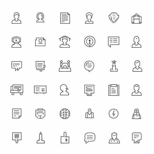 Collection of 54 minimalist resume icons in black line art style on a white background representing various professional and personal details. Suitable for CV or UI design elements. Vector illustration set.