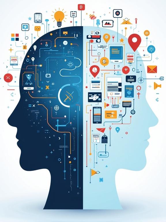 Cover image features a minimalist representation of a human brain. Left side shows digital elements and circuit patterns. Right side displays creative icons like lightbulbs and writing tools. Background includes tech-themed illustrations. Style is modern and sleek.