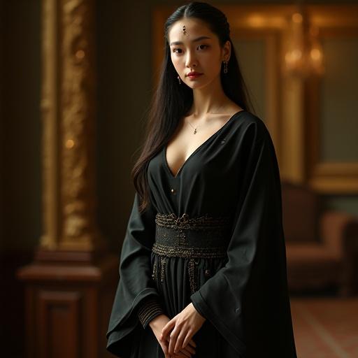 A full body female android stands elegantly in a Renaissance-style room. The face has a gentle smile resembling Mona Lisa. Almond-shaped eyes with long eyelashes shine warmly. Skin is flawless with porcelain smoothness. Hair is styled in glossy waves. Outfit includes a dark top with delicate details and a short skirt. Delicate glowing circuits are faint on the face. The background is softly lit and warm.