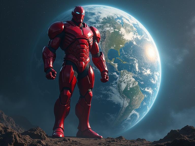 A giant red armored figure stands over Earth in space. Realistic planet with detailed features. Dramatic shadows enhance the scene. Scene inspired by galactic themes.