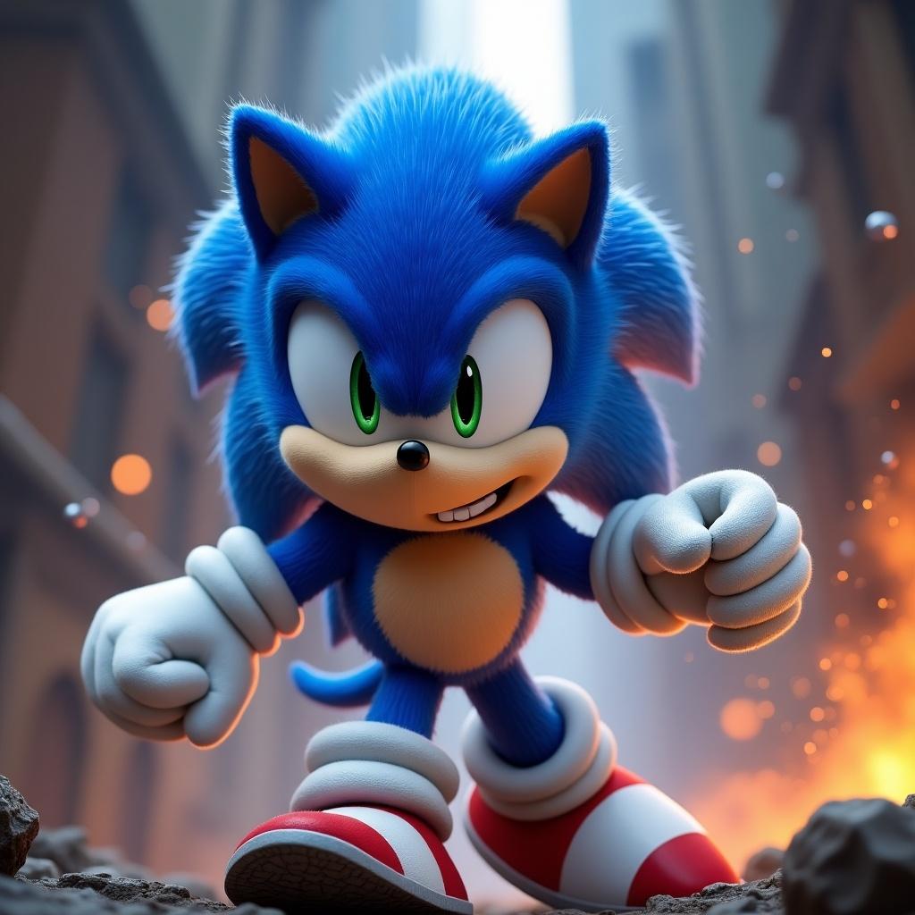 Sonic stares dangerously in a dynamic action pose. Background features explosions and debris. Character design emphasizes determination and speed.