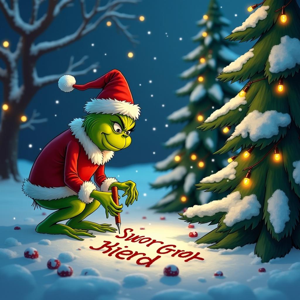 Grinch is writing in the snow outside. Christmas trees with twinkly lights are in the background. The scene is festive and wintery.