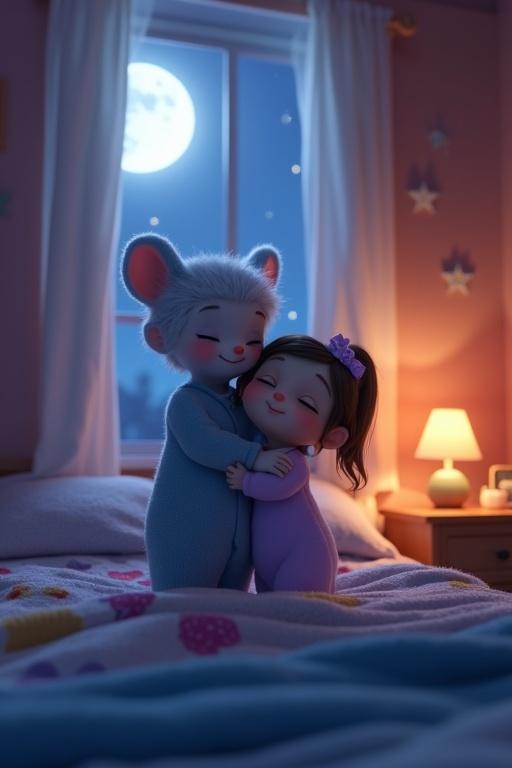 3D animated scene of Kittu and mother in cozy bedroom. Kittu in blue pajamas hugs mother in lavender nightgown. Soft moonlight shines through window. Plush bed with colorful blankets. Gentle lighting creates serene atmosphere.