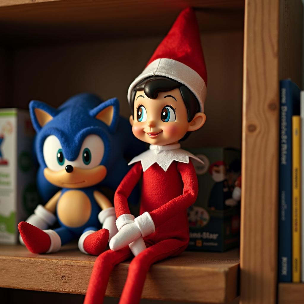 A cozy shelf scene featuring a brown elf with black hair and brown eyes. Beside the elf, a blue Sonic the Hedgehog plush toy. The elf sits with a friendly expression. Both figures are colorful and engaging.