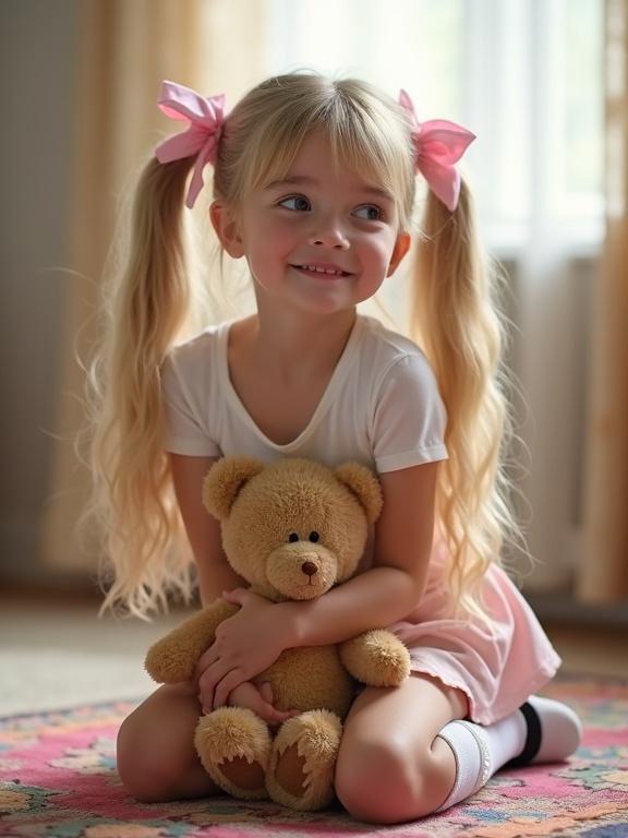 A young girl with long blonde hair in twin tails wears pink bows. She sits on a colorful rug in a softly lit room. Dressed in a white crop top and pale pink skirt with thigh-high lace socks. Holding a teddy bear with a curious smile. Background features warm tones and natural light.