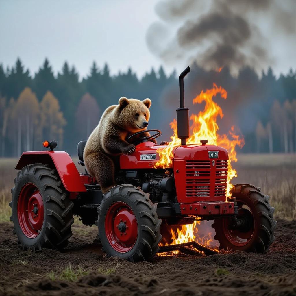 A cartoon bear sitting in a burning tractor with flames around. The bear looks amused in the driver's seat of a red tractor. The scene is set in a field with trees in the background.