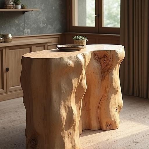 A hyper-realistic wooden trunk table placed in a warmly lit room. It features a natural finish and organic shape. A small plant rests on top. There are wooden cabinets in the background, with curtains framing a window.