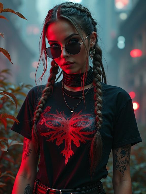 Portrait of a young woman in a cyberpunk atmosphere. She has braids and sunglasses. The background features neon lights and plants. She has red lips and is wearing a tight black T-shirt with a red design. Showcases a mix of strength and rebellion.