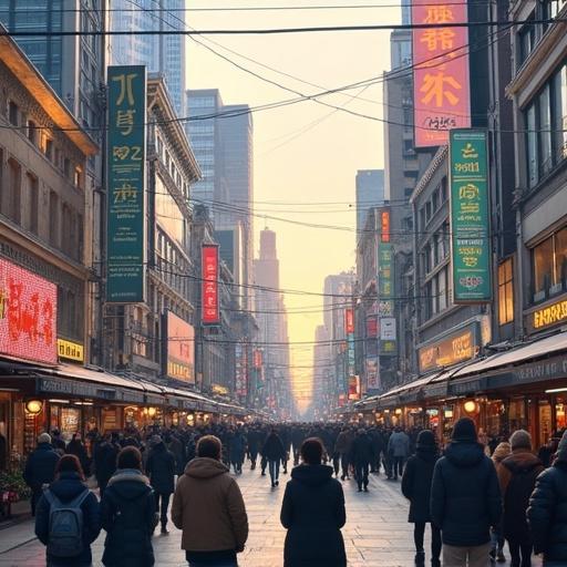 Bustling street in Tokyo filled with people during twilight. Tall buildings lining both sides. Lights illuminating shops and signs.