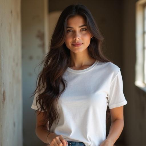 Adult girl wearing a white t-shirt with long hair in soft lighting