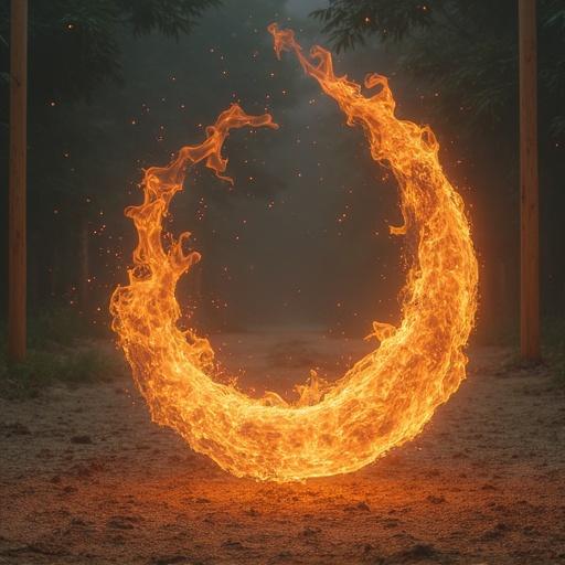 Circular fire effect in a dark forest setting. Ethereal flames create a mystical atmosphere. Surrounding environment has a dark and moody feel.
