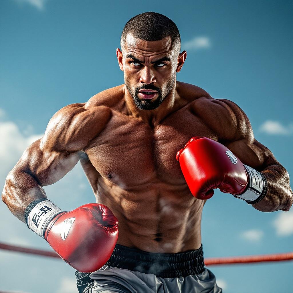 Stunning 8k hyper-detailed sports photography of a boxer. Captures athleticism and human body power. Taken at an office during daytime with clean sky. DSLR camera ensures highest quality for commercial use. Style is hyper-realistic to appeal to fine art enthusiasts. Vibrant colors emphasize physicality. Exceptional sharpness showcases muscles and expressions. Dynamic composition highlights movement and agility. Dramatic lighting enhances contours and depth. Freeze-frame action captures peak performance. Shallow depth of field isolates the subject. Leading lines guide viewer's eye. Motion blur conveys intensity.