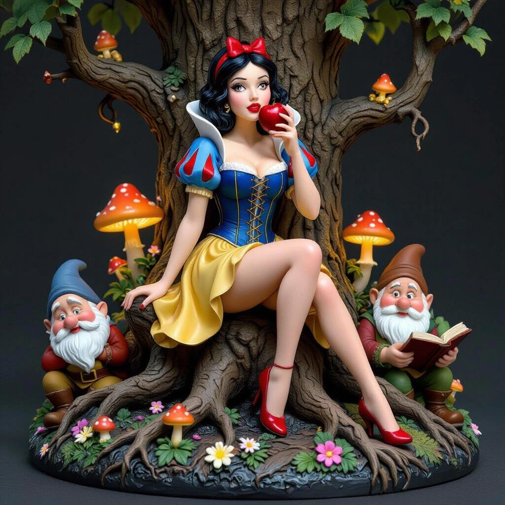 A highly detailed resin figurine of Snow White is seated on a tree trunk. She wears a corset dress and miniskirt in a sensual pose. She holds a red apple near her lips. Her black hair has a red bow. Three dwarfs are around her: one sleeping, one glaring, and one reading. The base features magical flowers and glowing mushrooms. The sculpture is intricately detailed.