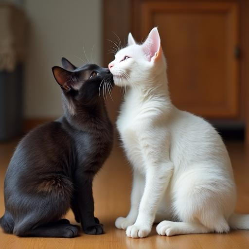 Two cats are kissing each other. One cat is black and the other is white. They are cute and fluffy. Background is neutral with wood elements. The cats have playful expressions.