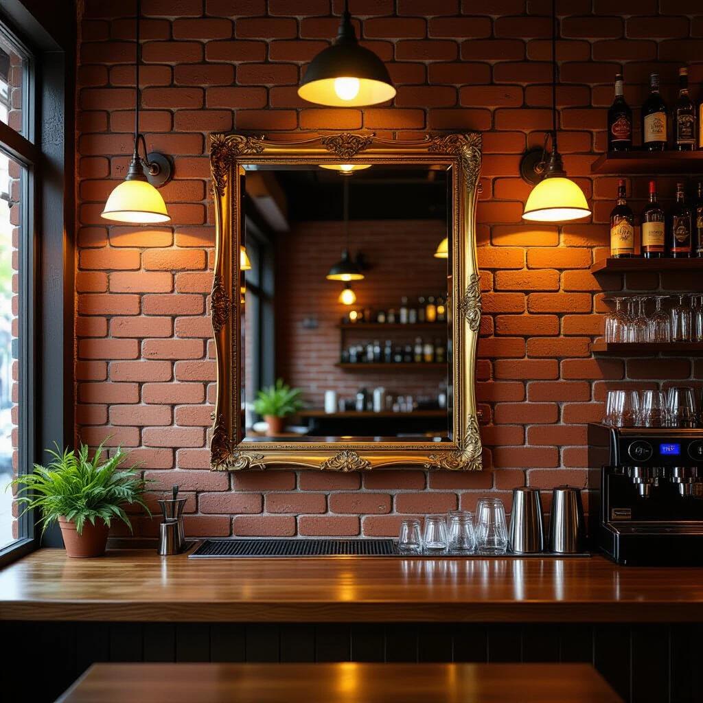 Ornate mirror on a brick wall inside a bar. Warm lighting fixtures enhance the atmosphere. Bartending area with glassware and coffee machine. Potted plant adds a touch of greenery.