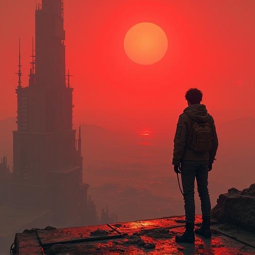 Highly detailed painting of a cyberpunk city on Proxima B under a permanent crimson sunset. A young man with weathered clothes stands on a rooftop, looking toward the horizon over rocks and desert. Solar flares fill the sky. Gritty texture present, cinematic composition achieved.
