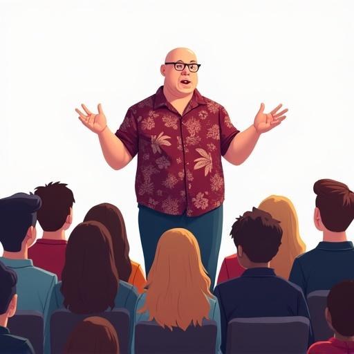 Illustration of a short fat bald white man in a Hawaiian shirt stands confidently before an audience of 10-15 people of various genders and ethnicities. Speaker tells a story with expressive gestures. Cohesive color palette includes rich maroons navy blues and pale greys. Background is transparent.