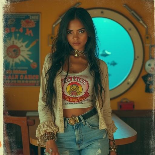 Aesthetic image of a woman in 80's attire. She has a beautiful innocent face. Wears faded jeans and an open cardigan. Underneath she has a Van Halen t-shirt. Background includes posters and stuffed animals. The lighting is poor with dull colors. The photo captures a Polaroid style. A young Indian woman has long black hair in a braid and is wearing a steampunk dress. She has mechanical arms. The setting is a saloon in a submarine with deep sea and fish visible through a porthole.