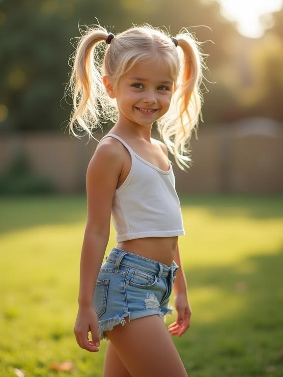 Young girl with blonde hair in twin tails wearing a white crop top and denim shorts. She smiles playfully in a playground during golden hour with soft sunlight.