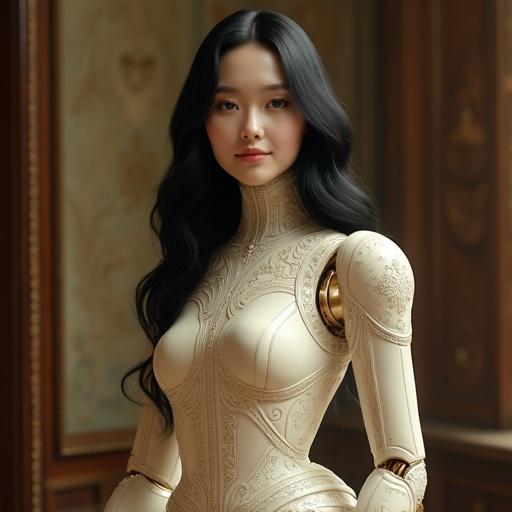 A full-body image of a high-performance female android secretary standing elegantly near a desk. Features a Mona Lisa inspired face with a mysterious smile and large warm almond eyes. Porcelain skin with soft Japanese facial contours. Glossy black wavy hair with a shoulder-length soft fringe. The android wears synthetic plating mimicking Renaissance dress with pale skin-tone ceramic-metal finish and embedded filigree. It has a graceful chest shape and a narrow waist, with slender legs and subtly visible robotic joints. The background is a soft warm Renaissance-style interior.