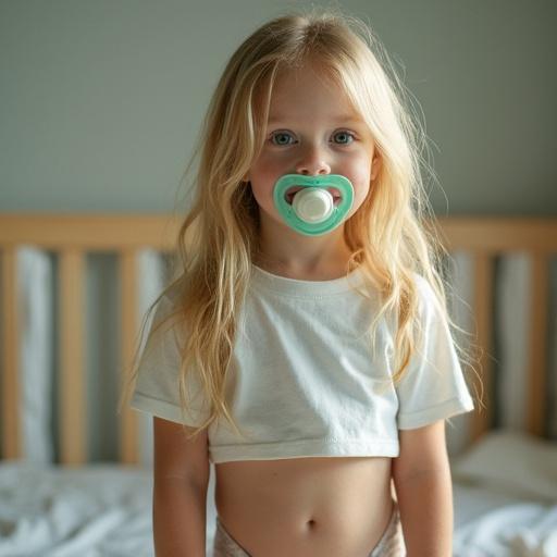 A girl stands in a crib. She has long blond hair. Her eyes are emerald green. She is wearing a crop top. She has a pacifier in her mouth. The setting is homey and cozy.