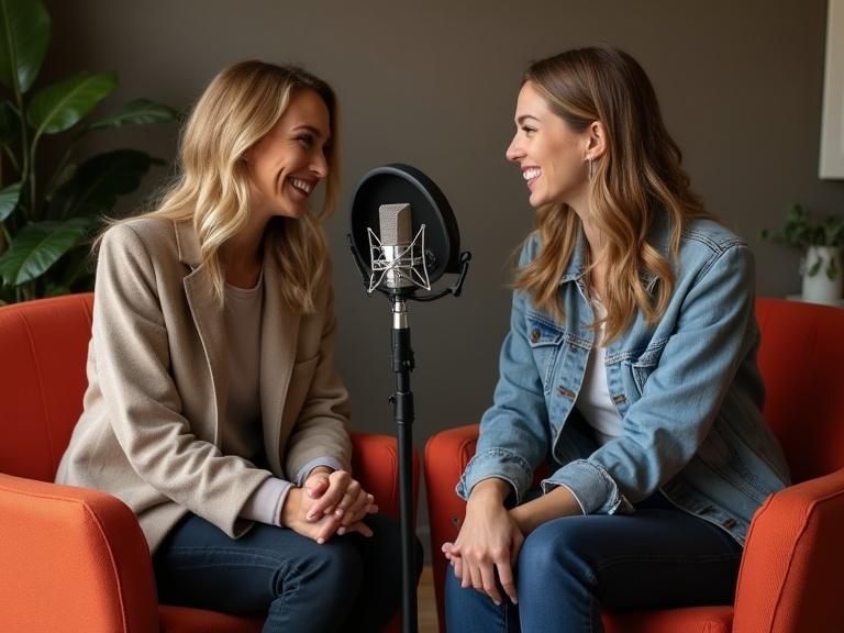 Podcast studio shows two women sitting on persimmon red chairs. One woman talks while the other laughs. There is a microphone between them. The color palette includes Persimmon, Charcoal Gray, and Light Taupe.