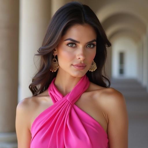 A realistic image of a model wearing a pink dress. The model has long hair and is adorned with earrings. Background features architectural elements.