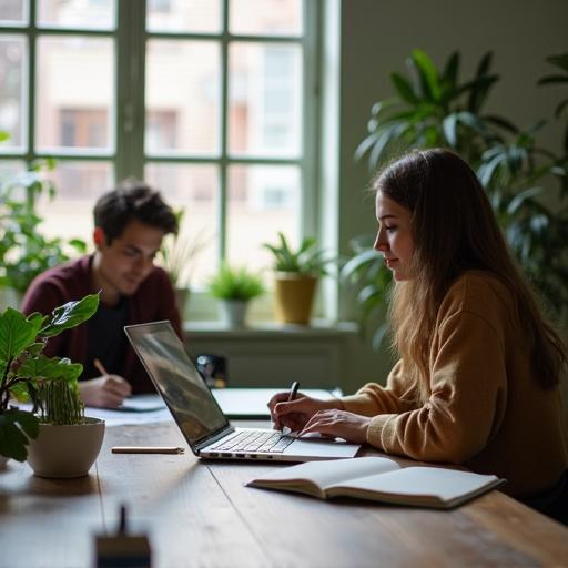 Writing with a MacBook on a wooden desk. Assistants are present in a co-working space. The room features green plants in the background. Soft natural light is coming through windows.