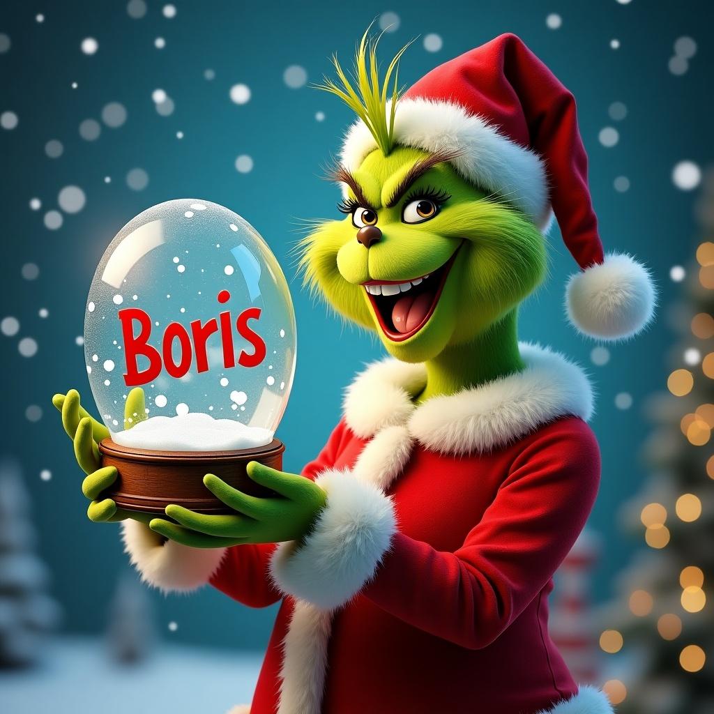 Grinch wearing Christmas outfit holding a snow globe with the name Boris