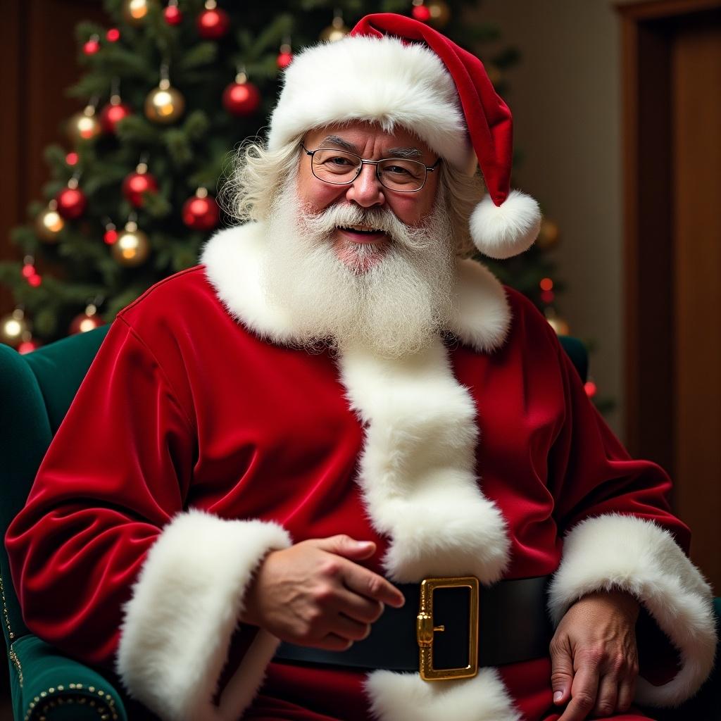 The image features a cheerful Santa Claus, wearing a classic red suit with white fur trim. He has a long white beard and glasses, sitting comfortably in a plush green chair. Behind him, a beautifully decorated Christmas tree adorned with ornaments glows softly. The lighting creates a warm and inviting atmosphere, perfect for the holiday season. This portrayal captures the joy and magic associated with Christmas, reminiscent of Coca-Cola's iconic Santa image.