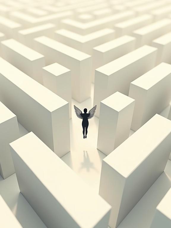 Bird's eye view of a tiny human with angel wings floating in a maze. Minimalist surreal style. Oversized objects. Vast negative space. Clean background. Elegant composition. Subtle grain texture.