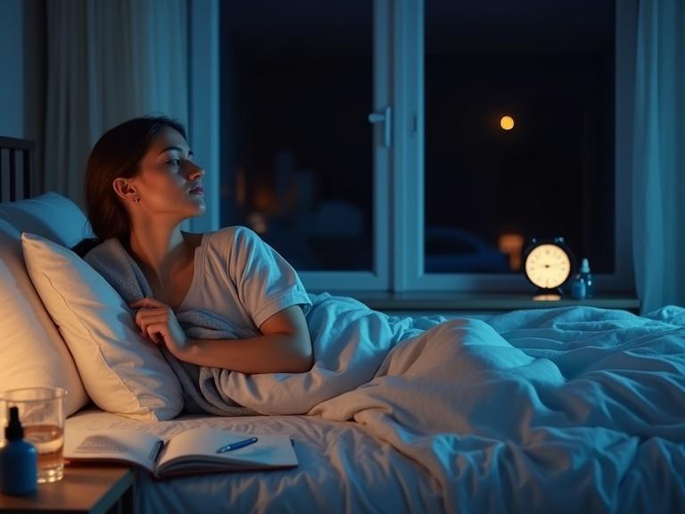 A cozy bedroom scene at night. A woman rests in bed using a cool compress on her neck. Glass of cold water and a portable fan are nearby. Bed is layered for comfort. She wears moisture-wicking pajamas. Nightstand features a notebook for tracking night sweats and a spray bottle labeled Cooling Mist. Outside the window, it is dark with a glowing clock reading 2:30 AM. The scene is rendered in soft realism with warm lighting.