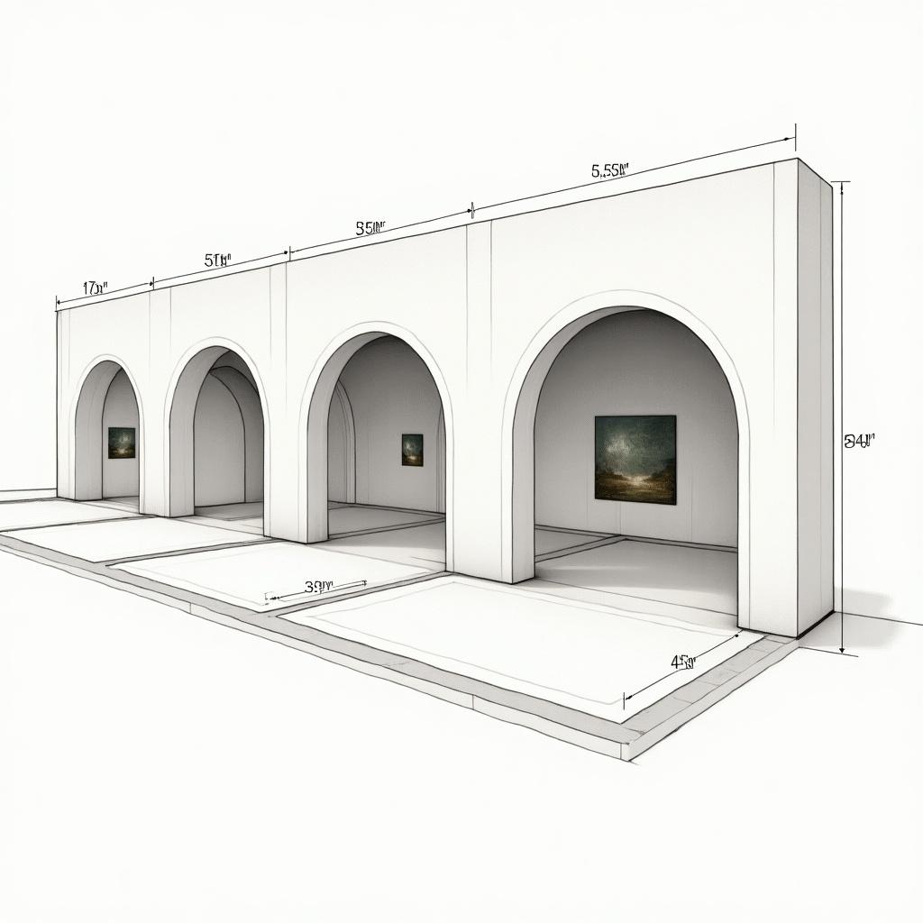 Design of a tunnel featuring four arches with varying heights. The first arch is 2.5m tall. The second arch is 3.5m tall. The third arch is 3m tall and slanted. The fourth arch resembles a dome and is closed. A painting is displayed at the end of the tunnel.