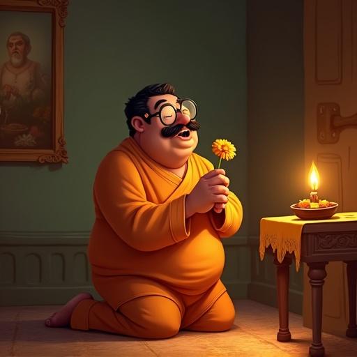Stylized digital painting featuring a cheerful, plump man with round glasses and a thick mustache. He kneels in a dim room holding a marigold flower in prayer with closed eyes. Illuminated by an oil lamp's warm glow on a rustic altar with more flowers. Soft golden-brown palette creates a peaceful, spiritual feeling. Slightly blurred background with an old painting and shadows.
