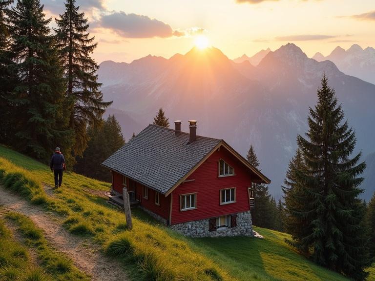 Photograph of a picturesque mountain scene at sunset. A small red chalet-style house with a steep roof on a grassy hill. Surrounded by tall pine trees. A dirt path leads up to the house. A lone hiker in dark gear walks away from the camera. House has multiple windows and a balcony. Snow-capped mountains in the background. Golden sunlight casts a warm glow. Soft clouds in the sky. Lush green grass. Serene atmosphere.