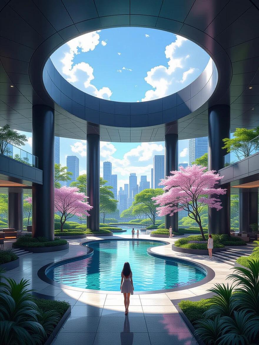 Anime scene in 2204. Modern luxury building with oversized structure. Inside features a Japanese garden. Bright amethyst purple and black colors. A large circular opening with a view of the city. Pool reflects surrounding scenery. Summer morning vibes in Rio de Janeiro.