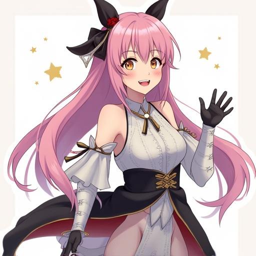 Anime character inspired by Nordic medieval themes. Character has pink hair, wearing a stylish outfit. Expression is happy. Character has elements such as horns and a decorative collar.