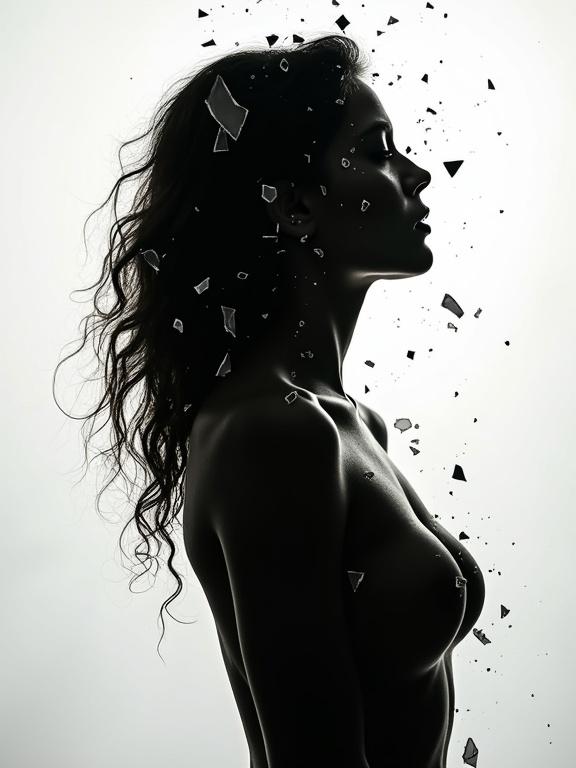 Silhouette of a woman in profile. The figure appears broken and shattered with glass fragments. The background is light, enhancing the dramatic effect of the silhouette.
