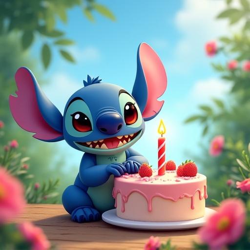 Stitch character celebrates a birthday with a cake. Sky text reads: Skye is 5. Tropical backdrop with vibrant flowers.
