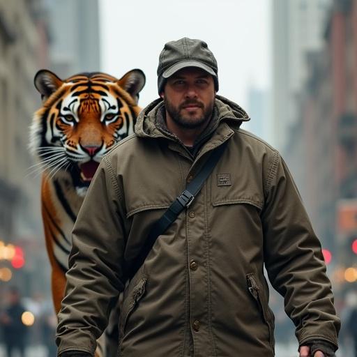 A man in a hunting outfit stands still. He faces the camera in a city setting. A huge tiger stands growling behind him. The scene captures a mix of urban life and wilderness.