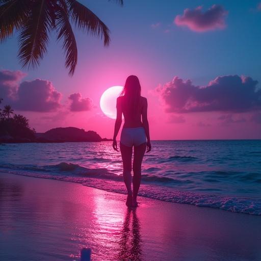 Pinterest style mobile wallpaper features beach scene. Neon effects create layered lights. Silhouette of a girl standing by the water. Vibrant sunset casts colorful reflections.