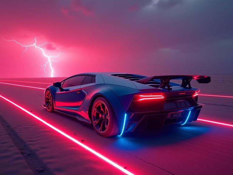Futuristic Lamborghini in a desert scene at sunset. Cyberpunk style with deep blue and red lights. Laser light wheel rims and fog effects. Car viewed from a distance. Lightning and thunder in the background. Seven lines of laser light trail left behind.