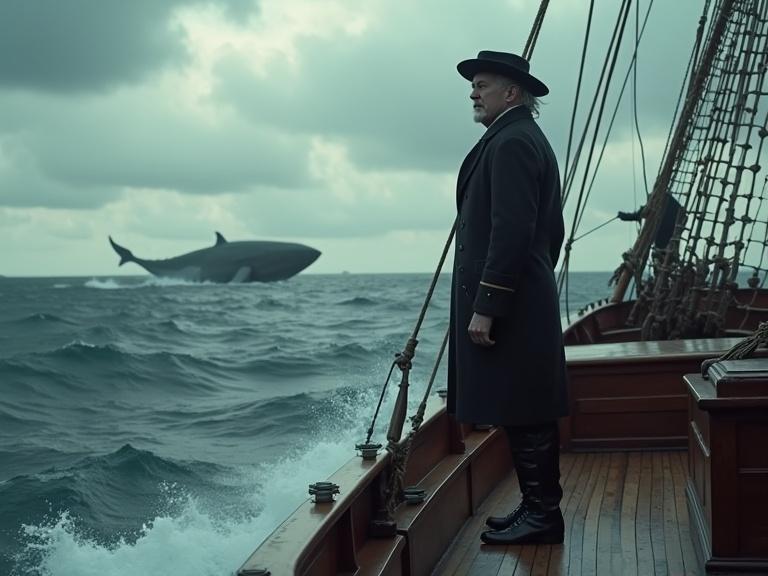 Dramatic scene inspired by Moby-Dick. Ahab stands on the Pequod. Ocean waves crash around. A white whale emerges from the water. The scene captures tension and obsession.