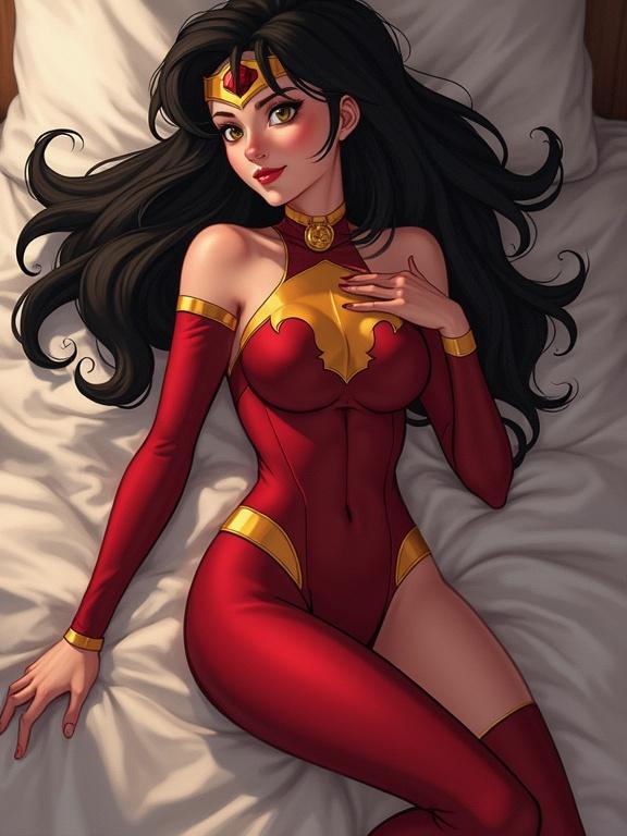 A female character in a red and gold hero costume lies on her side on a bed. The setting is relaxed and cozy. Hair is long and flowing. The character's pose is elegant and confident. The costume is form-fitting and highlights the character's physique. Soft lighting adds warmth to the scene.