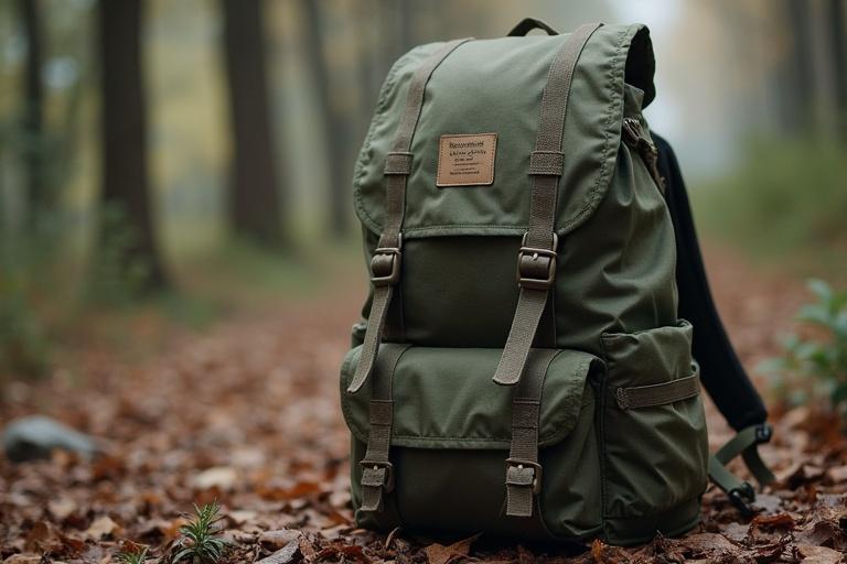 Olive green rucksack is placed on a forest floor covered in autumn leaves. The backpack has two side pockets and a front compartment. The background is a blurred autumn forest with warm fall colors.