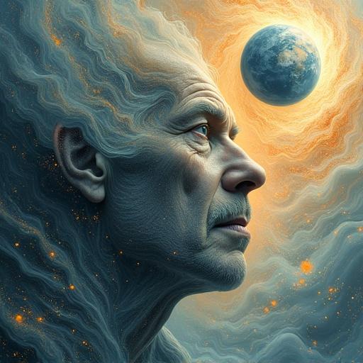 Portrait of an aged male face interwoven with swirling cosmic patterns. Features are indistinct. Orange and gold specks scattered throughout. Planet Earth visible in the corner, surrounded by similar patterns. The atmosphere conveys a connection between humanity and the cosmos. Abstract style with dreamlike elements.