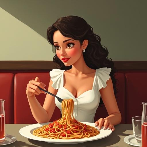 A woman enjoying spaghetti in a restaurant. The scene captures a vintage artistic style with warm hues and a cozy dining atmosphere.