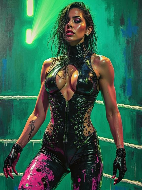 Neo-impressionism splashed style nude oil painting. Smooth post-impressionist impasto acrylic painting. Thick layers of colorful textured paint. Tough fit woman in high sci-fi attire performing. High science fiction arena with neon features. Extremely intricate, hyper-detailed artwork with deep colors and vibrant splashes.